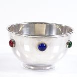 A Jordan Sheffield plate Arts and Crafts style bowl, with inset coloured gemstone border, diameter
