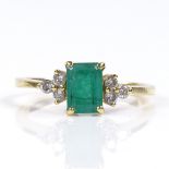 An 18ct gold solitaire emerald ring, with trio diamond shoulders, emerald-cut emerald approx 0.85ct,