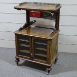 A Victorian walnut and parquetry-banded music cabinet, with brass galleried top and glazed cupboards