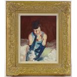 Mark Pearson (born 1956), oil on board, woman in blue gloves, signed, 8.5" x 6.5", framed
