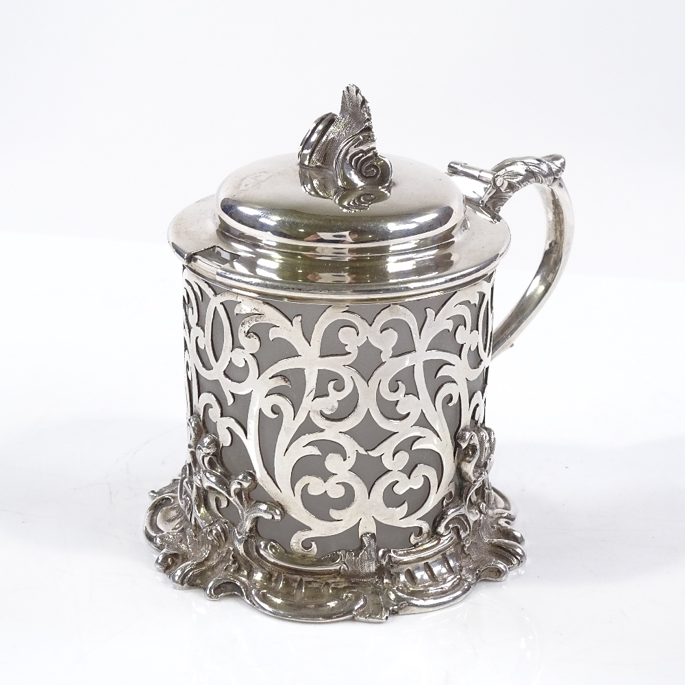 A Victorian silver and cut-glass mustard pot, of pierced foliate form, with cast knop and acanthus - Image 2 of 3