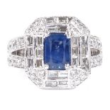 A 14ct white gold sapphire and diamond cluster dress ring, with baguette and round-cut diamonds, and