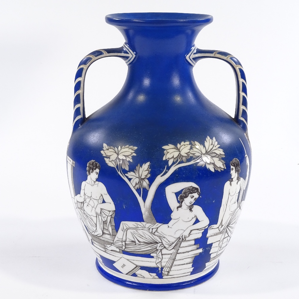 A Samuel Alcock & Co porcelain copy of the Portland vase, printed design on blue ground, with - Image 2 of 6