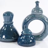 3 Studio pottery/porcelain bottles with stoppers, blue patterned glaze, maker's marks SP95,
