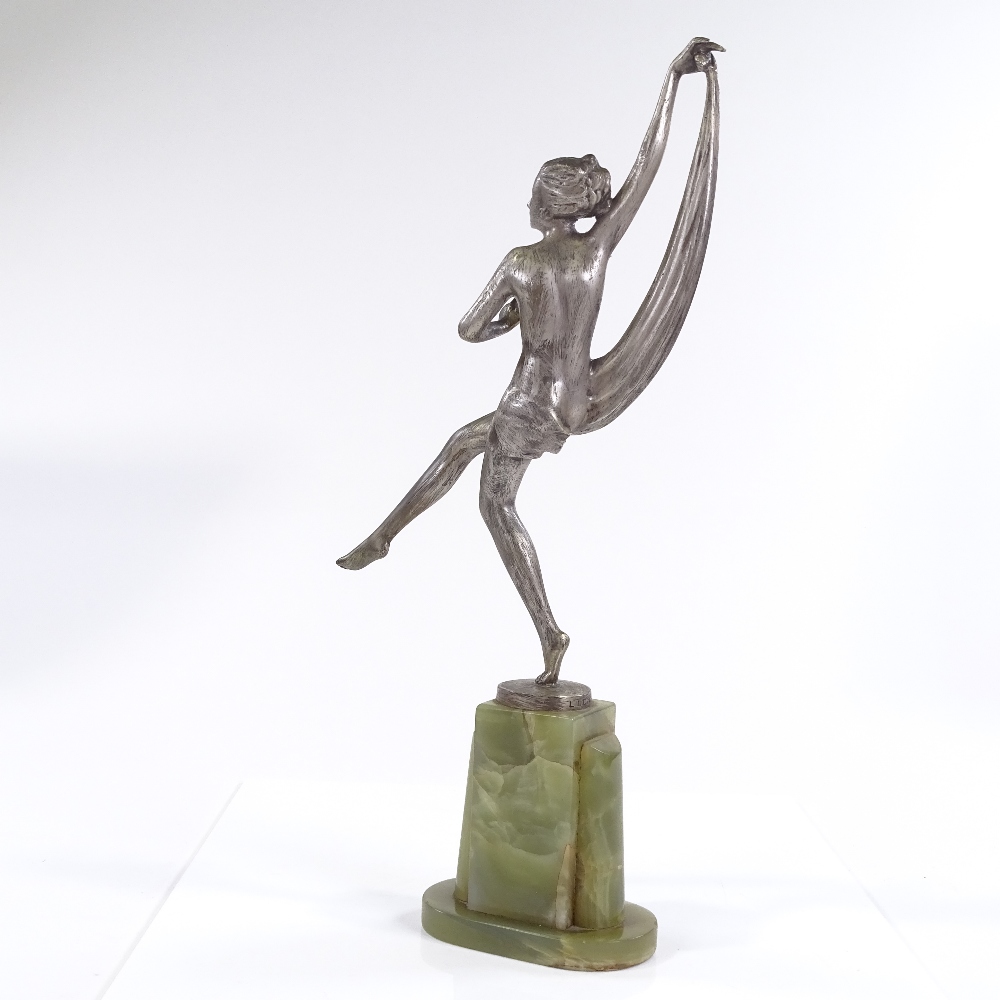 Lorenzl, Art Deco silver patinated bronze dancing girl on onyx base, signed on socle, height 34cm - Image 3 of 6