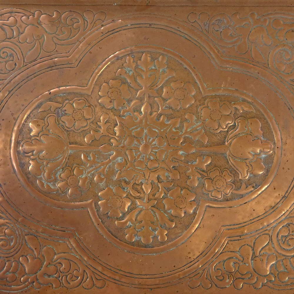 A Keswick School of Industrial Arts copper tray with relief embossed floral designs, 43cm x 36cm - Image 4 of 4