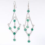 A pair of silver and chrysoprase drop earrings, with wire hook fittings, height excluding fitting