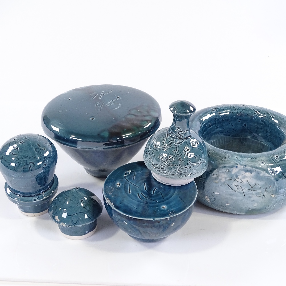 3 Studio pottery/porcelain bottles with stoppers, blue patterned glaze, maker's marks SP95, - Image 3 of 3