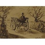 Guillermo Bestard (1881 - 1969), sepia watercolour, horse and trap, signed, 5.25" x 7", framed