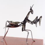 Clive Fredriksson, metal sculpture, Praying Mantis on red marble base, base length 12"