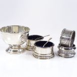 Various silverware, including Mappin & Webb 2-handled lion mask bowl, diameter 8cm, cruets, and