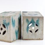 A pair of unusual Chinese turquoise glaze pottery pot pourri bricks, height 19cm, width 13cm