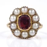 An Antique 9ct gold garnet and split-pearl cluster ring, with closed back setting, setting height