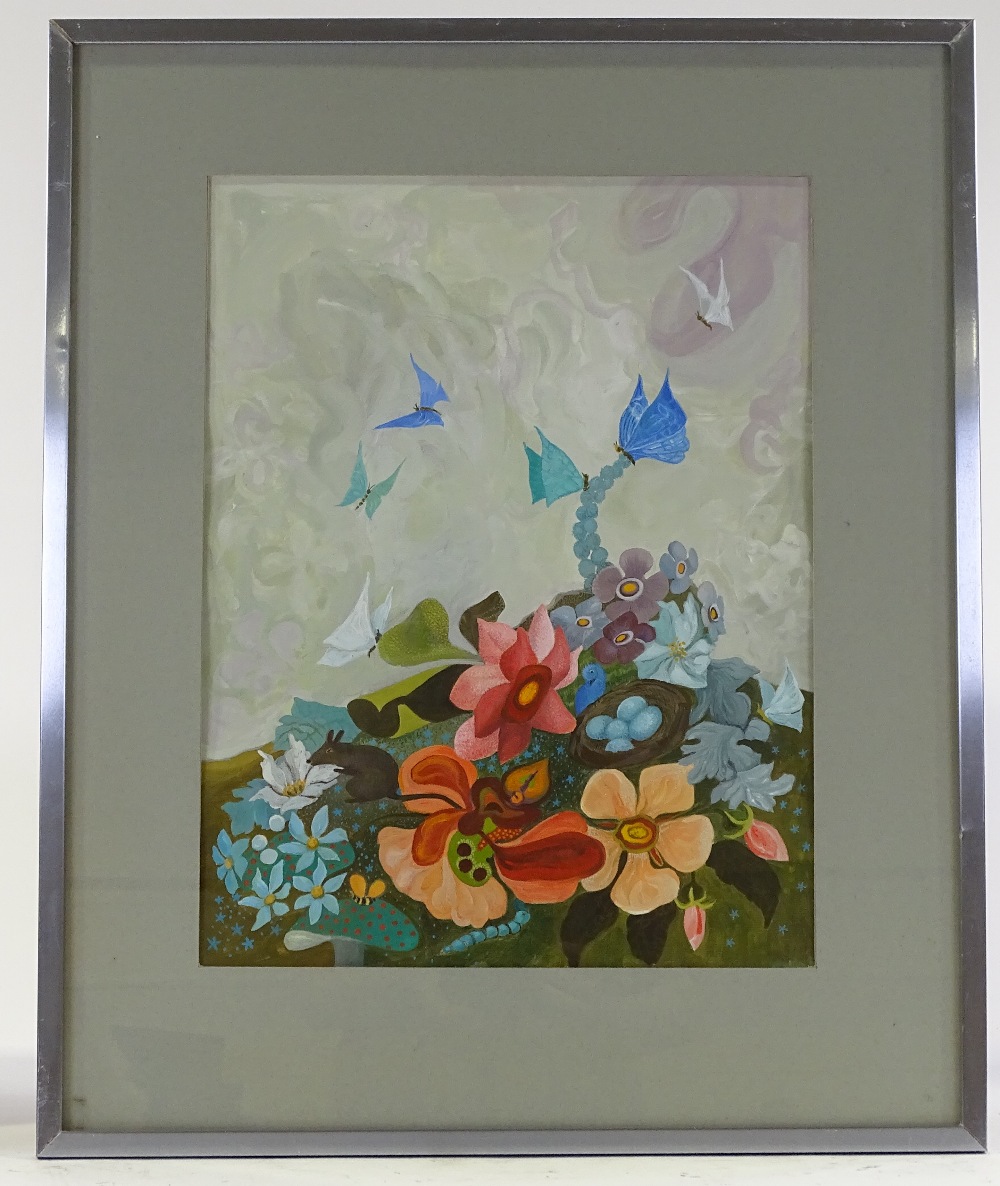 A pair of gouache surrealist illustrations, signed Thelma, largest 17" x 14", framed - Image 4 of 4