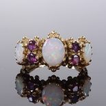 A 9ct gold 7-stone opal and ruby half-hoop ring, engraved shoulders, setting height 11.6mm, size