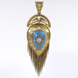 A Victorian diamond and enamel pear-shaped pendant, unmarked yellow metal settings with beaded edge,