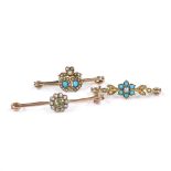 3 Victorian stone set gold brooches, including peridot, turquoise and pearl, largest length 40.