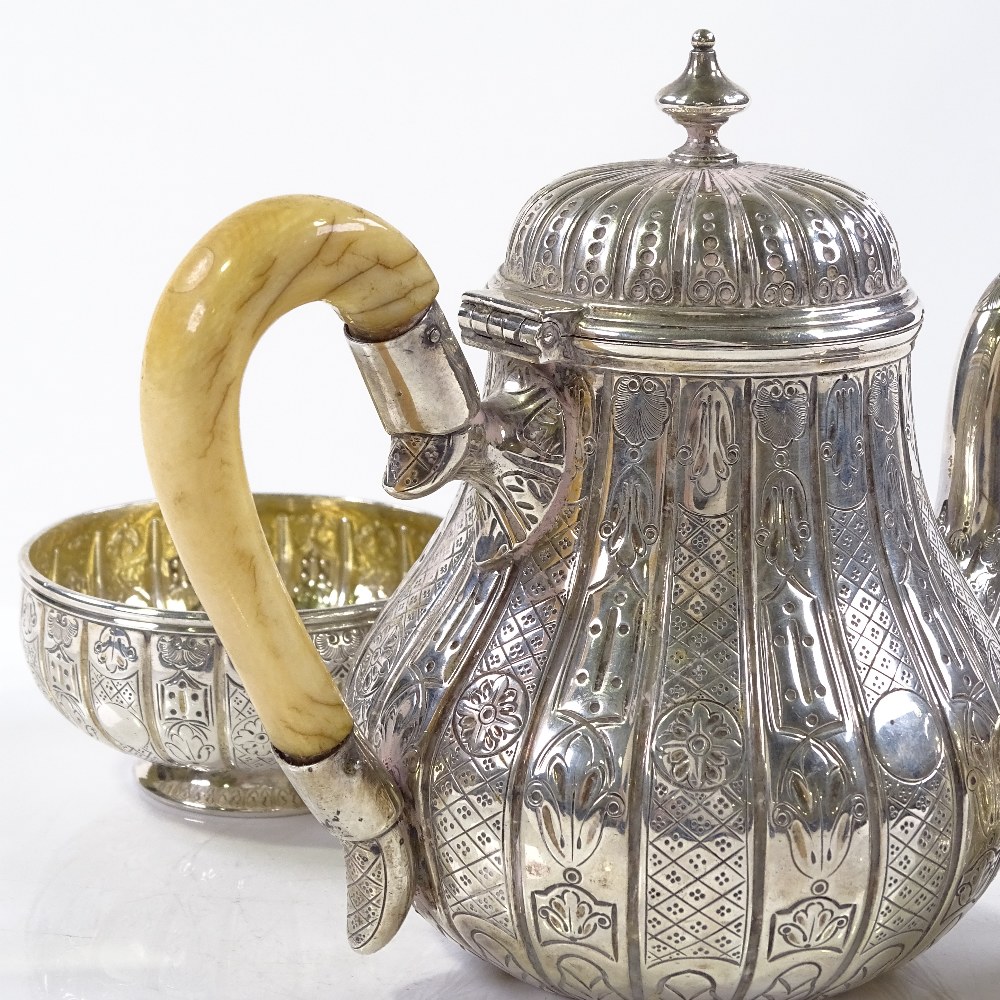 A Victorian silver 3-piece batchelor's tea set, of baluster form, with all over engraved decoration, - Image 3 of 3