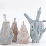 4 dry glaze porcelain Studio teapot and bottle form jars, with applied incised and impressed