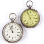 2 silver-cased open-face key-wind pocket watches, including Russian, largest case width 53mm (