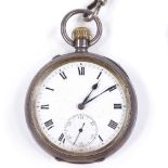 A silver-cased open-face top-wind pocket watch, with Roman numeral hour markers and subsidiary