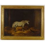 19th century oil on canvas, horse and dog in a stable, indistinctly signed, 15" x 20", framed