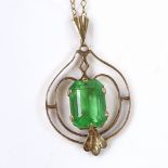 A 9ct gold green stone pendant necklace, on 9ct chain, with openwork settings, pendant height