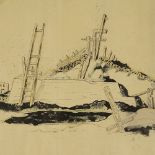 Lloyd, ink/watercolour, surrealist study, "who talks of building?", dated 1933, sheet size 12" x