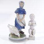 A Royal Copenhagen goose girl, height 23cm, and a B&G Copenhagen white glaze porcelain child (2)