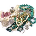 Assorted costume jewellery, including malachite, cultured pearls etc