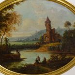 A pair of 19th century oval oils on board, Arcadian landscapes, unsigned, 15" x 19", framed