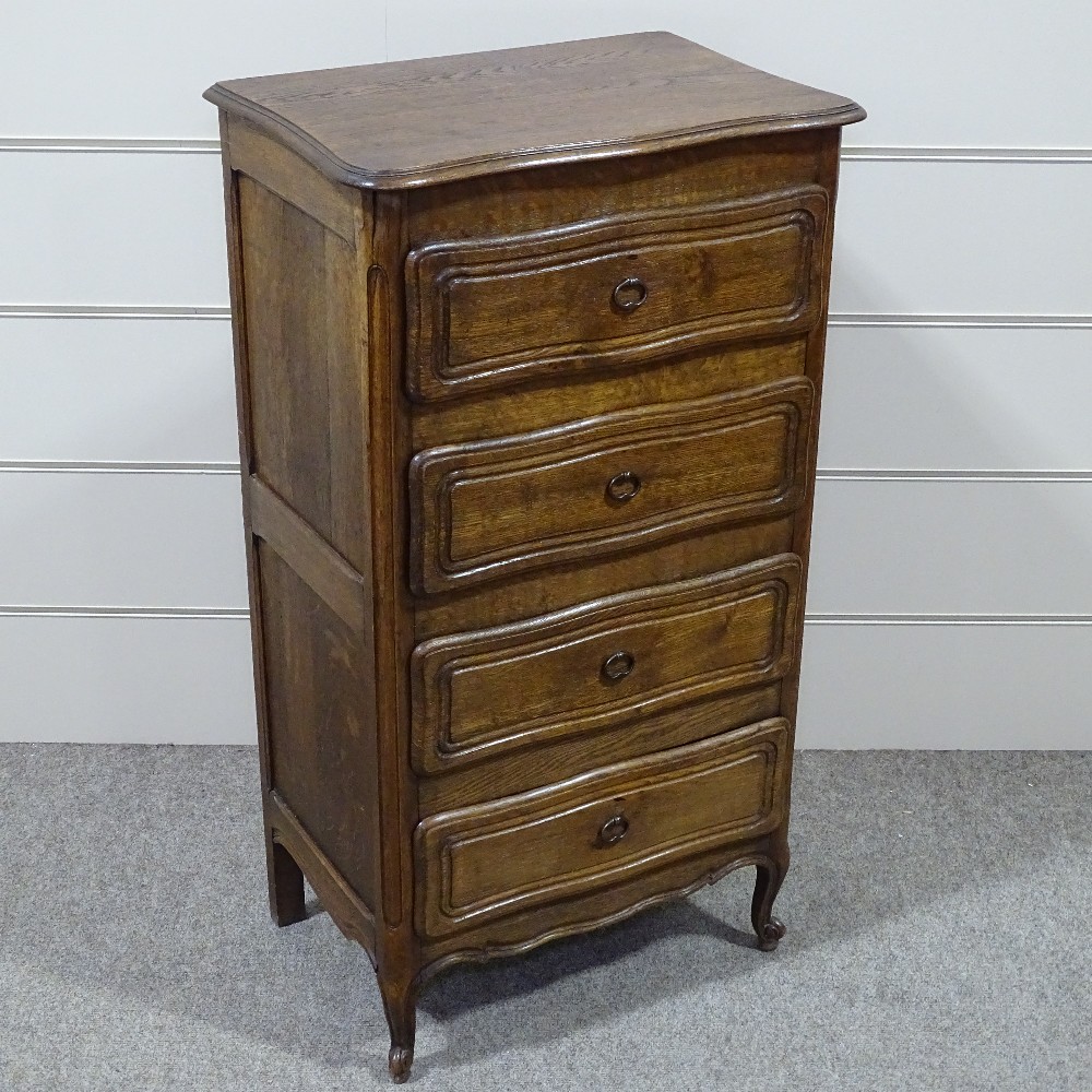 A French narrow oak chest of 4 drawers, with shaped top and carved drawer fronts, width 20.5", - Image 4 of 8