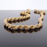 A long 9ct gold rope twist and box link necklace, length 71cm, 54.3g