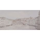 A pair of miniature watercolour/pencil drawings, scenes in Venice, unsigned, 2.5" x 6.5", framed