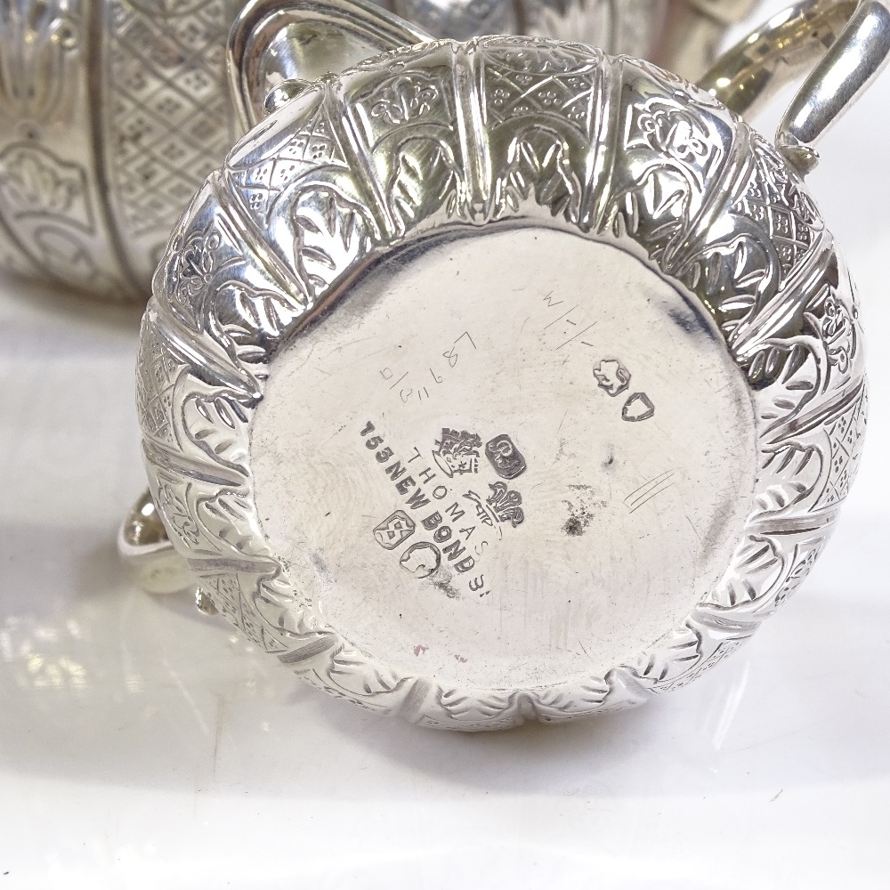 A Victorian silver 3-piece batchelor's tea set, of baluster form, with all over engraved decoration, - Image 2 of 3