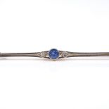 An unmarked gold 3-stone sapphire and diamond bar brooch, with openwork settings, length 60.6mm, 3g