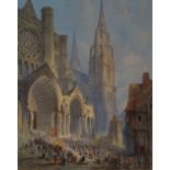 19th century watercolour, crowd outside a cathedral, unsigned, 25" x 18", framed