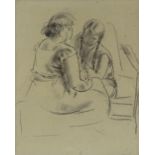 Clara Klinghoffer (1900 - 1970), charcoal drawing, 2 seated women, 14" x 11", framed