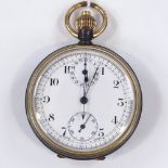 A gun-metal cased open-face top-wind chronograph pocket watch, with 2 subsidiary dials and