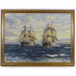 Robert Bramley, oil on board, sea battle, signed, 16.5" x 23", framed