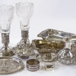 Various silverware, including embossed pin trays, napkin rings, glass vases etc, 8.1oz weighable