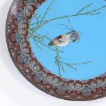 A pair of Japanese cloisonne enamel plates decorated with birds and their catch, diameter 30cm