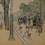 W Pencil, watercolour, motor cars carriages and horse riders in the park, signed, 12" x 36", framed