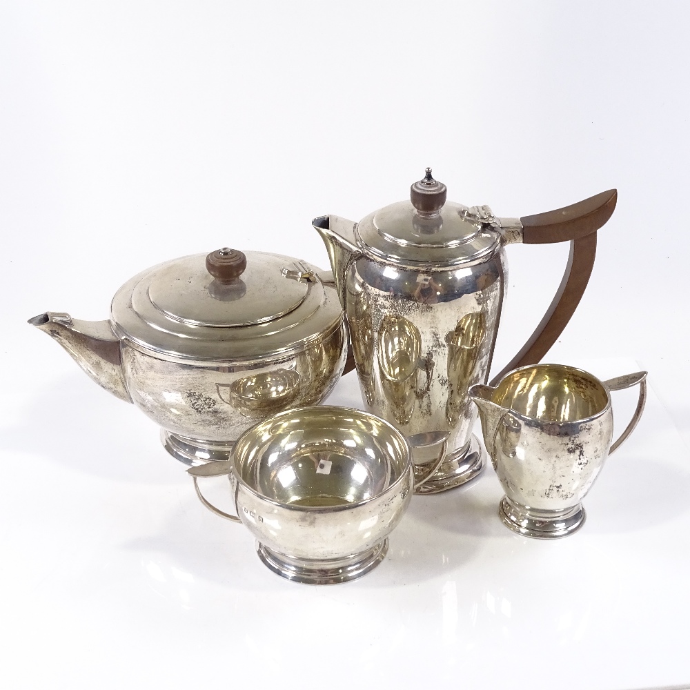 A 4-piece silver tea set, of stepped circular form, by Deakin & Francis Ltd, hallmarks Birmingham - Image 2 of 3