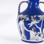 A Samuel Alcock & Co porcelain copy of the Portland vase, printed design on blue ground, with