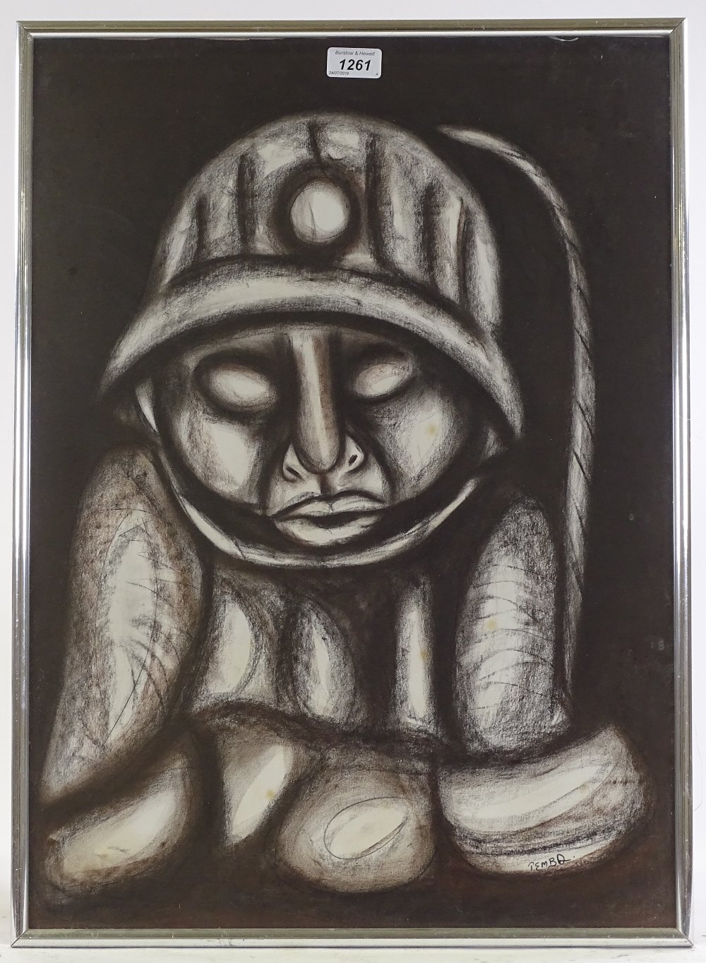 African School, mixed media, study of a miner, signed Pemba-Temba, 25" x 18", framed - Image 2 of 4