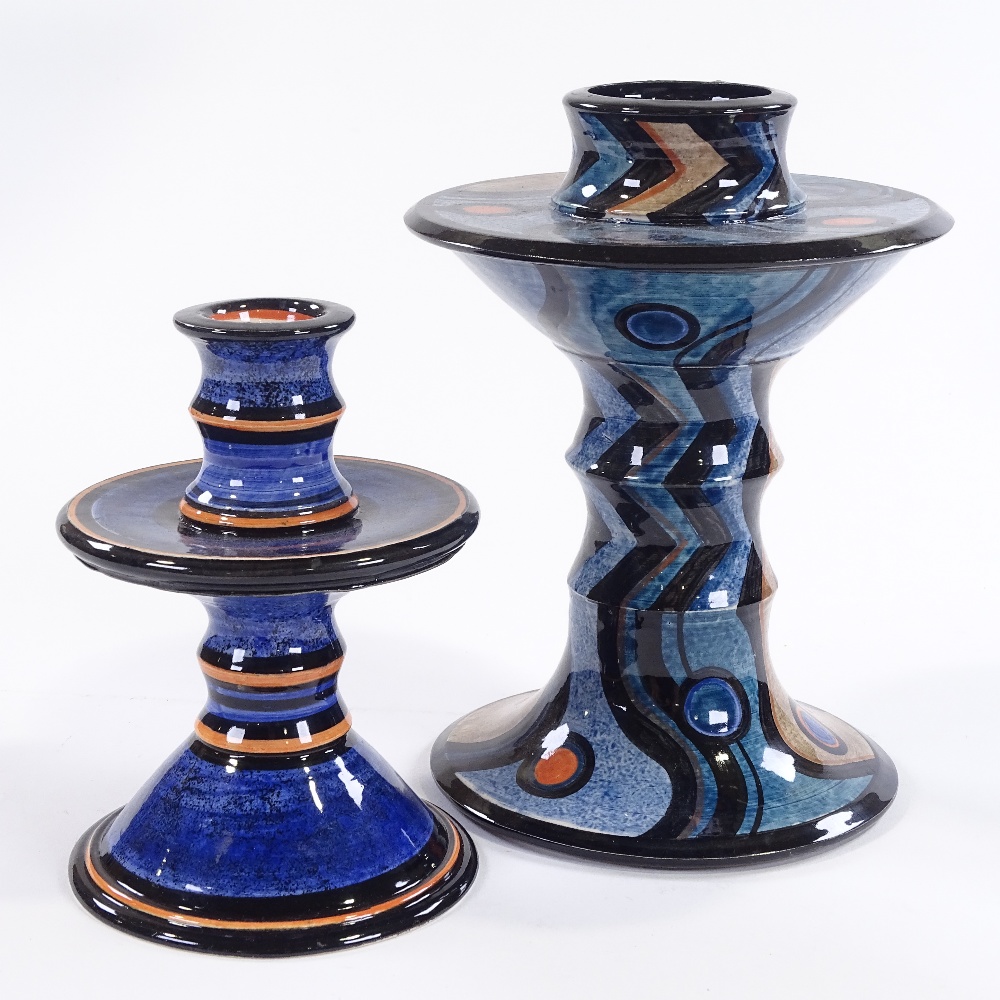 Madoline Keeler (British born 1942), 2 geometric pattern glazed pottery candlesticks, initial on - Image 2 of 3