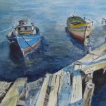 H Lightly (1909 - 2002), watercolour, Greek island jetty, 11" x 13.5", framed