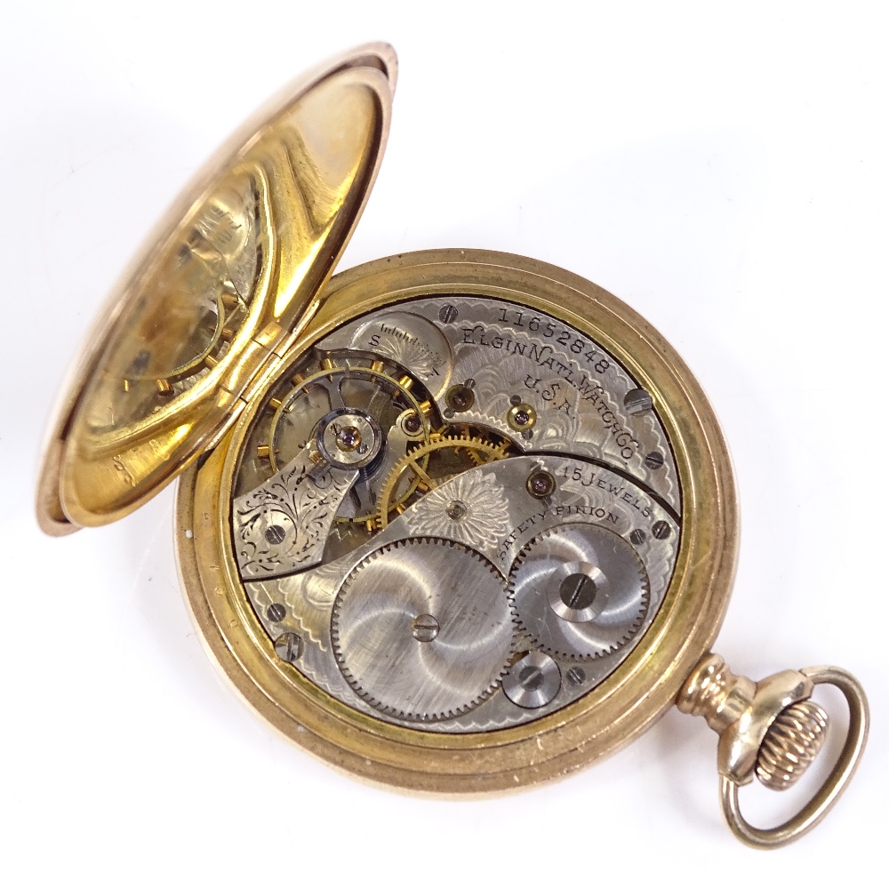 ELGIN - a gold plated full hunter side-wind pocket watch, 15 jewel movement, with Roman numeral hour - Image 7 of 8