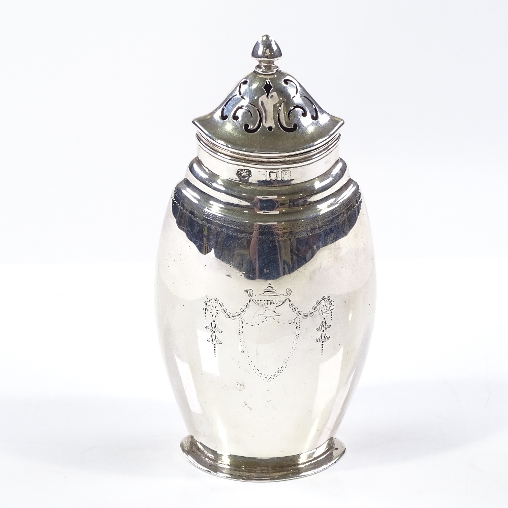 A navette-shaped silver sugar shaker, with Adams style decoration, by Goldsmiths and Silversmiths Co - Image 3 of 3